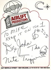 Dr. John Autograph to Airlift Mike on old Airlift Iberville Street Notepad