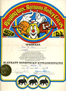 Airlift Mike (as John Saint John) personal certificate proclaiming him an "Elephant Equestrian Extraordinaire" in the Greatest Show on Earth